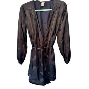 H&M black & navy crane ballon sleeve wrap dress bird Satin V Neck Size 10